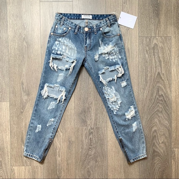 One Teaspoon Womens Freebird Skinny Straight Jeans Distressed Ankle Zip Low Rise - Picture 2 of 16